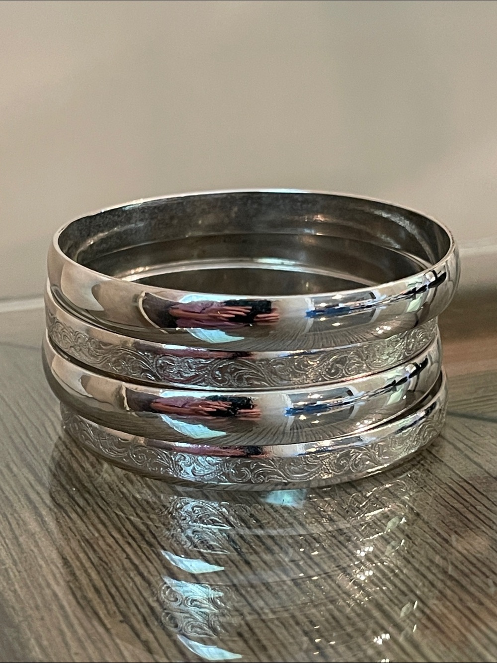 Vintage Style Polished & Etched Silver-tone Bangles 8” approx